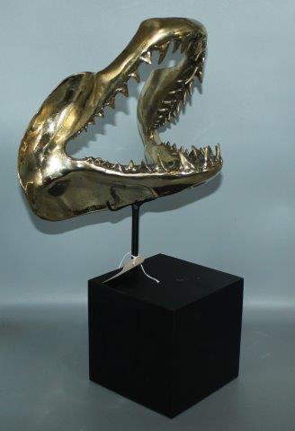 Limited edition cast brass sculpture of a sharks jaw, on stand